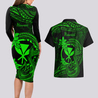 Hawaii Couples Matching Long Sleeve Bodycon Dress and Hawaiian Shirt Fish Hook Tattoo Mix Polynesian Plumeria Green Version LT14 - Polynesian Pride