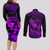 Hawaii Couples Matching Long Sleeve Bodycon Dress and Long Sleeve Button Shirts Hula Girl Mix Polynesian Plumeria Purple Version LT14 - Polynesian Pride