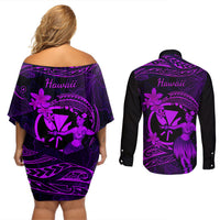 Hawaii Couples Matching Off Shoulder Short Dress and Long Sleeve Button Shirts Hula Girl Mix Polynesian Plumeria Purple Version LT14 - Polynesian Pride