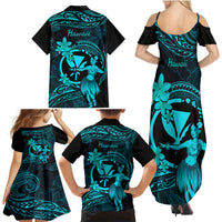 Hawaii Family Matching Summer Maxi Dress and Hawaiian Shirt Hula Girl Mix Polynesian Plumeria Turquoise Version LT14 - Polynesian Pride
