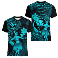 Hawaii Women V Neck T Shirt Hula Girl Mix Polynesian Plumeria Turquoise Version LT14 - Polynesian Pride