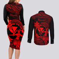 Hawaii Couples Matching Long Sleeve Bodycon Dress and Long Sleeve Button Shirts Hula Girl Mix Polynesian Plumeria Red Version LT14 - Polynesian Pride