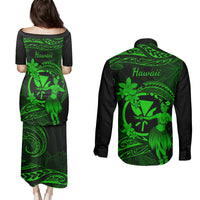 Hawaii Couples Matching Puletasi Dress and Long Sleeve Button Shirts Hula Girl Mix Polynesian Plumeria Green Version LT14 - Polynesian Pride