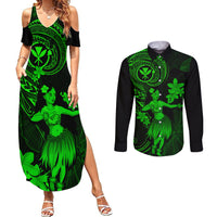 Hawaii Couples Matching Summer Maxi Dress and Long Sleeve Button Shirts Hula Girl Mix Polynesian Plumeria Green Version LT14 Green - Polynesian Pride