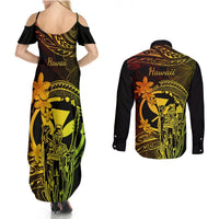 Hawaii Couples Matching Summer Maxi Dress and Long Sleeve Button Shirts King Kamehameha Mix Polynesian Plumeria Reggae Version LT14 - Polynesian Pride