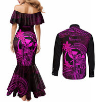 Hawaii Couples Matching Mermaid Dress and Long Sleeve Button Shirts King Kamehameha Mix Polynesian Plumeria Pink Version LT14 - Polynesian Pride