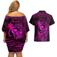 Hawaii Couples Matching Off Shoulder Short Dress and Hawaiian Shirt King Kamehameha Mix Polynesian Plumeria Pink Version LT14 - Polynesian Pride