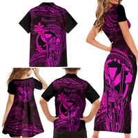 Hawaii Family Matching Short Sleeve Bodycon Dress and Hawaiian Shirt King Kamehameha Mix Polynesian Plumeria Pink Version LT14 - Polynesian Pride