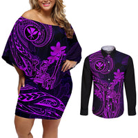 Hawaii Couples Matching Off Shoulder Short Dress and Long Sleeve Button Shirts King Kamehameha Mix Polynesian Plumeria Purple Version LT14 Purple - Polynesian Pride
