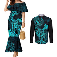 Hawaii Couples Matching Mermaid Dress and Long Sleeve Button Shirts King Kamehameha Mix Polynesian Plumeria Turquoise Version LT14 Turquoise - Polynesian Pride