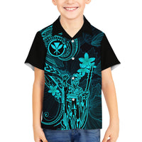 Hawaii Family Matching Short Sleeve Bodycon Dress and Hawaiian Shirt King Kamehameha Mix Polynesian Plumeria Turquoise Version LT14 Son's Shirt Turquoise - Polynesian Pride