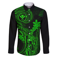 Hawaii Family Matching Short Sleeve Bodycon Dress and Hawaiian Shirt King Kamehameha Mix Polynesian Plumeria Green Version LT14 Dad's Shirt - Long Sleeve Green - Polynesian Pride