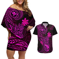 Hawaii Couples Matching Off Shoulder Short Dress and Hawaiian Shirt Pineapple Mix Polynesian Plumeria Pink Version LT14 Pink - Polynesian Pride
