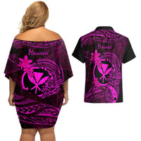 Hawaii Couples Matching Off Shoulder Short Dress and Hawaiian Shirt Pineapple Mix Polynesian Plumeria Pink Version LT14 - Polynesian Pride