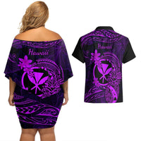 Hawaii Couples Matching Off Shoulder Short Dress and Hawaiian Shirt Pineapple Mix Polynesian Plumeria Purple Version LT14 - Polynesian Pride