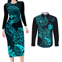 Hawaii Couples Matching Long Sleeve Bodycon Dress and Long Sleeve Button Shirts Pineapple Mix Polynesian Plumeria Turquoise Version LT14 Turquoise - Polynesian Pride
