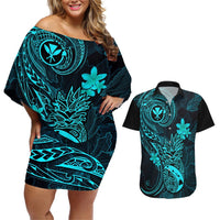 Hawaii Couples Matching Off Shoulder Short Dress and Hawaiian Shirt Pineapple Mix Polynesian Plumeria Turquoise Version LT14 Turquoise - Polynesian Pride