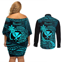 Hawaii Couples Matching Off Shoulder Short Dress and Long Sleeve Button Shirts Pineapple Mix Polynesian Plumeria Turquoise Version LT14 - Polynesian Pride