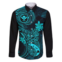 Hawaii Family Matching Mermaid Dress and Hawaiian Shirt Pineapple Mix Polynesian Plumeria Turquoise Version LT14 Dad's Shirt - Long Sleeve Turquoise - Polynesian Pride