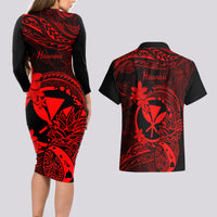Hawaii Couples Matching Long Sleeve Bodycon Dress and Hawaiian Shirt Pineapple Mix Polynesian Plumeria Red Version LT14 - Polynesian Pride