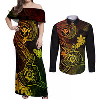 hawaii-couples-matching-off-shoulder-maxi-dress-and-long-sleeve-button-shirts-shaka-tattoo-mix-polynesian-plumeria-reggae-version