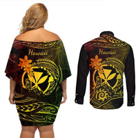 Hawaii Couples Matching Off Shoulder Short Dress and Long Sleeve Button Shirts Shaka Tattoo Mix Polynesian Plumeria Reggae Version LT14 - Polynesian Pride