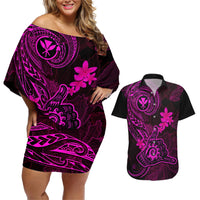 hawaii-couples-matching-off-shoulder-short-dress-and-hawaiian-shirt-shaka-tattoo-mix-polynesian-plumeria-pink-version
