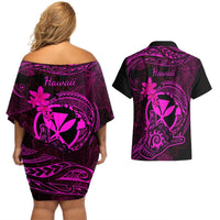 Hawaii Couples Matching Off Shoulder Short Dress and Hawaiian Shirt Shaka Tattoo Mix Polynesian Plumeria Pink Version LT14 - Polynesian Pride