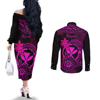 hawaii-couples-matching-off-the-shoulder-long-sleeve-dress-and-long-sleeve-button-shirts-shaka-tattoo-mix-polynesian-plumeria-pink-version