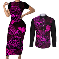hawaii-couples-matching-short-sleeve-bodycon-dress-and-long-sleeve-button-shirts-shaka-tattoo-mix-polynesian-plumeria-pink-version