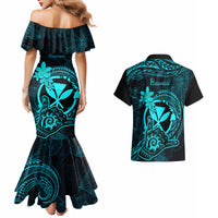 Hawaii Couples Matching Mermaid Dress and Hawaiian Shirt Shaka Tattoo Mix Polynesian Plumeria Turquoise Version LT14 - Polynesian Pride