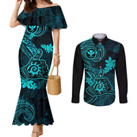 Hawaii Couples Matching Mermaid Dress and Long Sleeve Button Shirts Shaka Tattoo Mix Polynesian Plumeria Turquoise Version LT14 Turquoise - Polynesian Pride