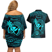 Hawaii Couples Matching Off Shoulder Short Dress and Hawaiian Shirt Shaka Tattoo Mix Polynesian Plumeria Turquoise Version LT14 - Polynesian Pride