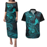 Hawaii Couples Matching Puletasi Dress and Hawaiian Shirt Shaka Tattoo Mix Polynesian Plumeria Turquoise Version LT14 Turquoise - Polynesian Pride