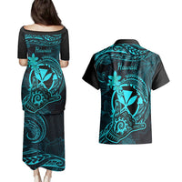 Hawaii Couples Matching Puletasi Dress and Hawaiian Shirt Shaka Tattoo Mix Polynesian Plumeria Turquoise Version LT14 - Polynesian Pride