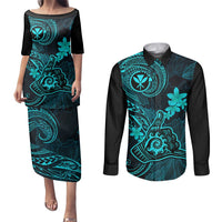 Hawaii Couples Matching Puletasi Dress and Long Sleeve Button Shirts Shaka Tattoo Mix Polynesian Plumeria Turquoise Version LT14 Turquoise - Polynesian Pride