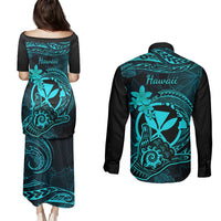 Hawaii Couples Matching Puletasi Dress and Long Sleeve Button Shirts Shaka Tattoo Mix Polynesian Plumeria Turquoise Version LT14 - Polynesian Pride