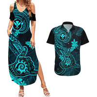 Hawaii Couples Matching Summer Maxi Dress and Hawaiian Shirt Shaka Tattoo Mix Polynesian Plumeria Turquoise Version LT14 Turquoise - Polynesian Pride