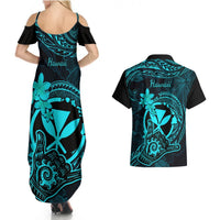 Hawaii Couples Matching Summer Maxi Dress and Hawaiian Shirt Shaka Tattoo Mix Polynesian Plumeria Turquoise Version LT14 - Polynesian Pride