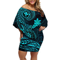 Hawaii Off Shoulder Short Dress Shaka Tattoo Mix Polynesian Plumeria Turquoise Version LT14 Women Turquoise - Polynesian Pride