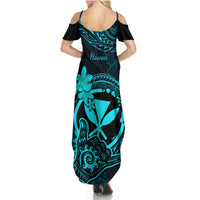 Hawaii Summer Maxi Dress Shaka Tattoo Mix Polynesian Plumeria Turquoise Version LT14 - Polynesian Pride