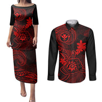 Hawaii Couples Matching Puletasi Dress and Long Sleeve Button Shirts Shaka Tattoo Mix Polynesian Plumeria Red Version LT14 Red - Polynesian Pride