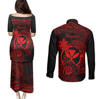 Hawaii Couples Matching Puletasi Dress and Long Sleeve Button Shirts Shaka Tattoo Mix Polynesian Plumeria Red Version LT14 - Polynesian Pride