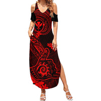 Hawaii Family Matching Summer Maxi Dress and Hawaiian Shirt Shaka Tattoo Mix Polynesian Plumeria Red Version LT14 Daughter's Dress Red - Polynesian Pride
