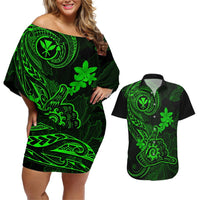 Hawaii Couples Matching Off Shoulder Short Dress and Hawaiian Shirt Shaka Tattoo Mix Polynesian Plumeria Green Version LT14 Green - Polynesian Pride
