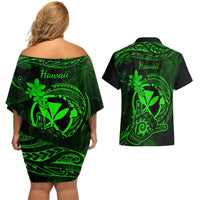 Hawaii Couples Matching Off Shoulder Short Dress and Hawaiian Shirt Shaka Tattoo Mix Polynesian Plumeria Green Version LT14 - Polynesian Pride