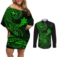 Hawaii Couples Matching Off Shoulder Short Dress and Long Sleeve Button Shirts Shaka Tattoo Mix Polynesian Plumeria Green Version LT14 Green - Polynesian Pride