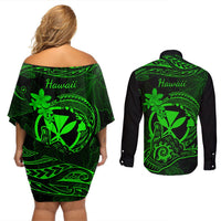 Hawaii Couples Matching Off Shoulder Short Dress and Long Sleeve Button Shirts Shaka Tattoo Mix Polynesian Plumeria Green Version LT14 - Polynesian Pride