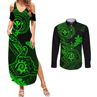 Hawaii Couples Matching Summer Maxi Dress and Long Sleeve Button Shirts Shaka Tattoo Mix Polynesian Plumeria Green Version LT14 Green - Polynesian Pride