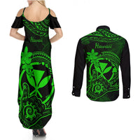 Hawaii Couples Matching Summer Maxi Dress and Long Sleeve Button Shirts Shaka Tattoo Mix Polynesian Plumeria Green Version LT14 - Polynesian Pride